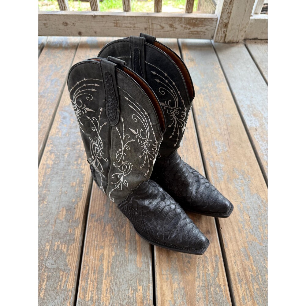 J.B. Dillon Womens 9B Black Genuine Python Snip Toe Western Cowboy Boots